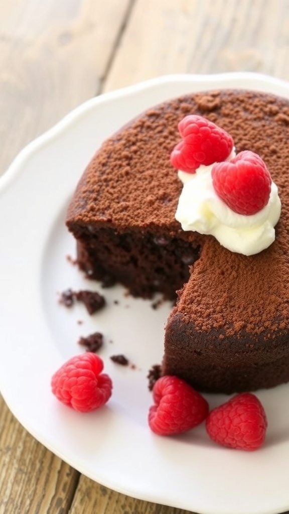 A decadent flourless chocolate cake topped with raspberries and whipped cream on a rustic table.